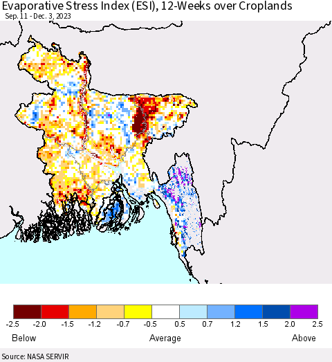 Bangladesh Evaporative Stress Index (ESI), 12-Weeks over Croplands Thematic Map For 11/27/2023 - 12/3/2023