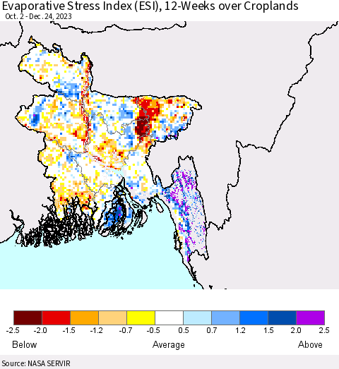 Bangladesh Evaporative Stress Index (ESI), 12-Weeks over Croplands Thematic Map For 12/18/2023 - 12/24/2023