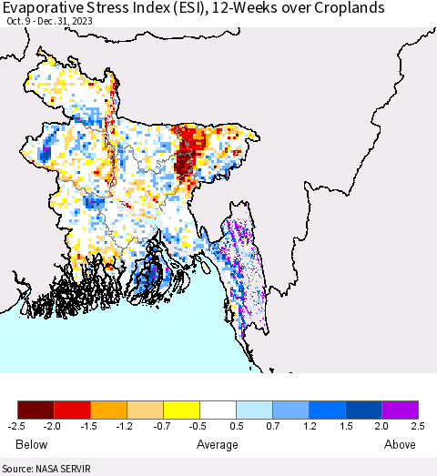 Bangladesh Evaporative Stress Index (ESI), 12-Weeks over Croplands Thematic Map For 12/25/2023 - 12/31/2023