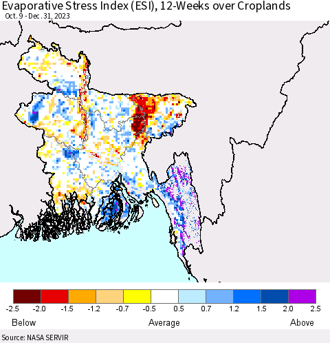 Bangladesh Evaporative Stress Index (ESI), 12-Weeks over Croplands Thematic Map For 1/1/2024 - 1/7/2024