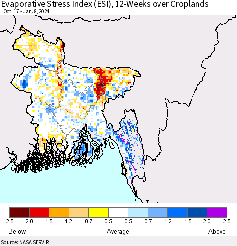 Bangladesh Evaporative Stress Index (ESI), 12-Weeks over Croplands Thematic Map For 1/8/2024 - 1/14/2024