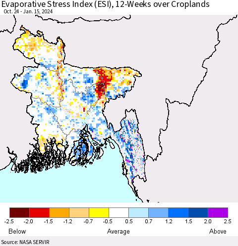 Bangladesh Evaporative Stress Index (ESI), 12-Weeks over Croplands Thematic Map For 1/15/2024 - 1/21/2024