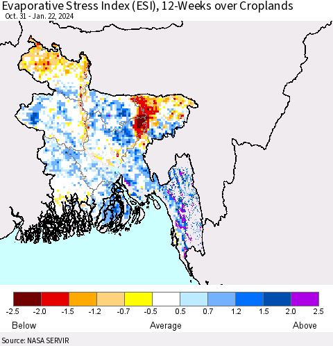 Bangladesh Evaporative Stress Index (ESI), 12-Weeks over Croplands Thematic Map For 1/22/2024 - 1/28/2024