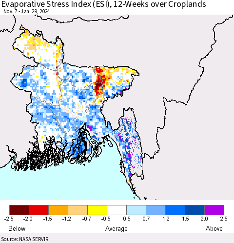 Bangladesh Evaporative Stress Index (ESI), 12-Weeks over Croplands Thematic Map For 1/29/2024 - 2/4/2024