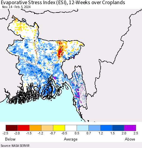 Bangladesh Evaporative Stress Index (ESI), 12-Weeks over Croplands Thematic Map For 2/5/2024 - 2/11/2024