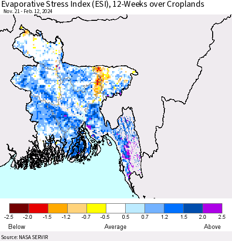Bangladesh Evaporative Stress Index (ESI), 12-Weeks over Croplands Thematic Map For 2/12/2024 - 2/18/2024