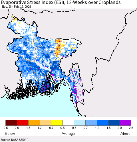 Bangladesh Evaporative Stress Index (ESI), 12-Weeks over Croplands Thematic Map For 2/19/2024 - 2/25/2024