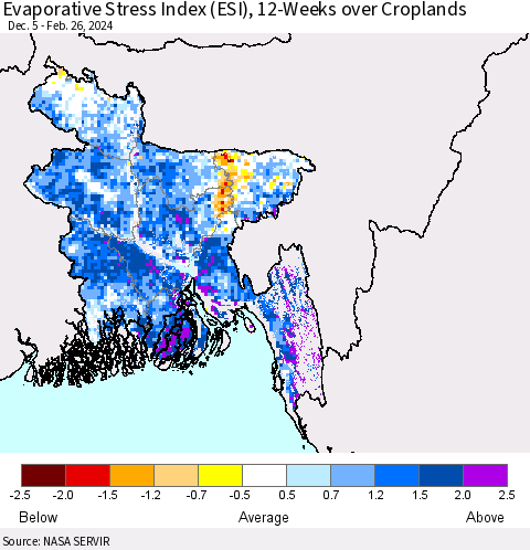 Bangladesh Evaporative Stress Index (ESI), 12-Weeks over Croplands Thematic Map For 2/26/2024 - 3/3/2024