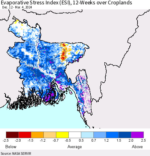Bangladesh Evaporative Stress Index (ESI), 12-Weeks over Croplands Thematic Map For 3/4/2024 - 3/10/2024