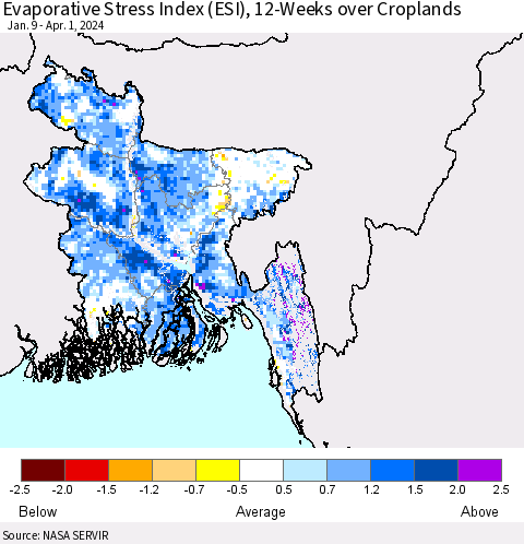 Bangladesh Evaporative Stress Index (ESI), 12-Weeks over Croplands Thematic Map For 4/1/2024 - 4/7/2024