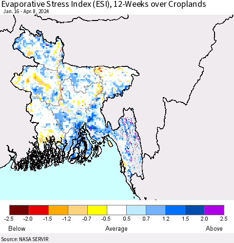 Bangladesh Evaporative Stress Index (ESI), 12-Weeks over Croplands Thematic Map For 4/8/2024 - 4/14/2024