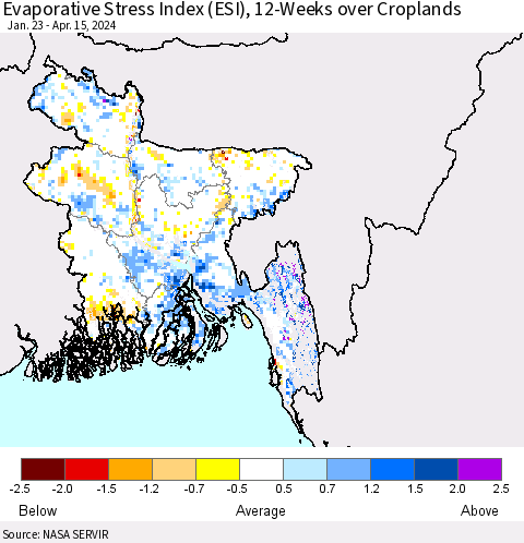 Bangladesh Evaporative Stress Index (ESI), 12-Weeks over Croplands Thematic Map For 4/15/2024 - 4/21/2024