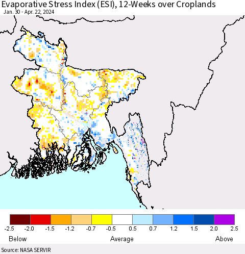 Bangladesh Evaporative Stress Index (ESI), 12-Weeks over Croplands Thematic Map For 4/22/2024 - 4/28/2024