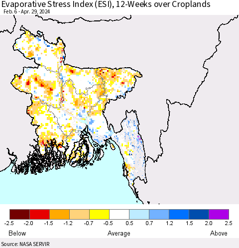 Bangladesh Evaporative Stress Index (ESI), 12-Weeks over Croplands Thematic Map For 4/29/2024 - 5/5/2024