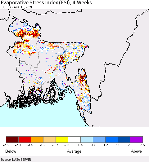Bangladesh Evaporative Stress Index (ESI), 4-Weeks Thematic Map For 8/9/2021 - 8/15/2021
