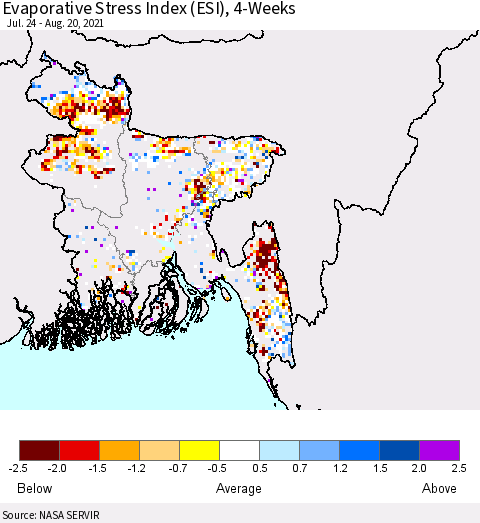 Bangladesh Evaporative Stress Index (ESI), 4-Weeks Thematic Map For 8/16/2021 - 8/22/2021