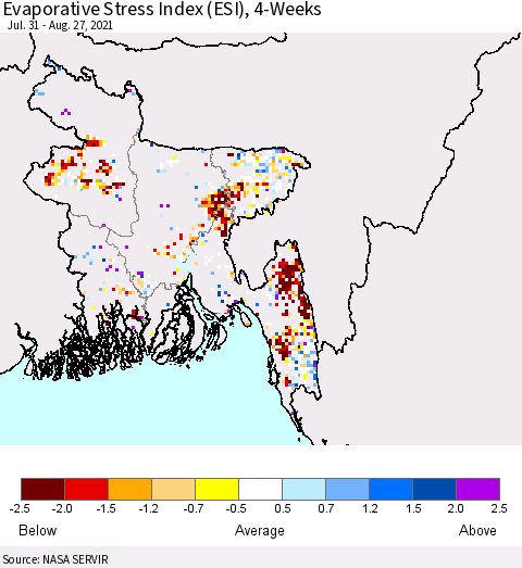 Bangladesh Evaporative Stress Index (ESI), 4-Weeks Thematic Map For 8/23/2021 - 8/29/2021