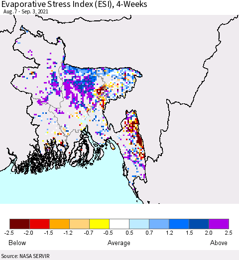 Bangladesh Evaporative Stress Index (ESI), 4-Weeks Thematic Map For 8/30/2021 - 9/5/2021