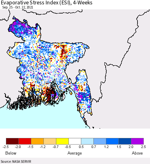 Bangladesh Evaporative Stress Index (ESI), 4-Weeks Thematic Map For 10/18/2021 - 10/24/2021