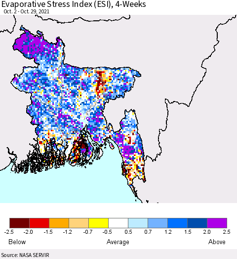 Bangladesh Evaporative Stress Index (ESI), 4-Weeks Thematic Map For 10/25/2021 - 10/31/2021