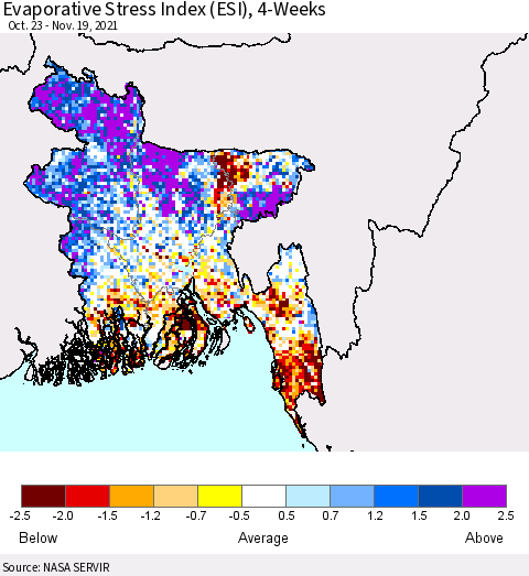 Bangladesh Evaporative Stress Index (ESI), 4-Weeks Thematic Map For 11/15/2021 - 11/21/2021