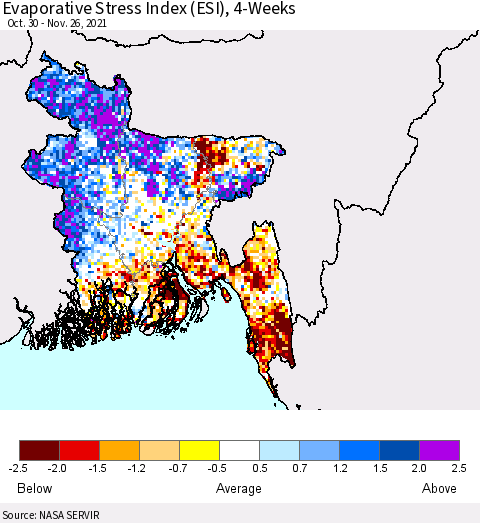 Bangladesh Evaporative Stress Index (ESI), 4-Weeks Thematic Map For 11/22/2021 - 11/28/2021