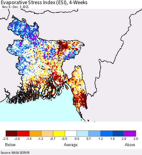Bangladesh Evaporative Stress Index (ESI), 4-Weeks Thematic Map For 11/29/2021 - 12/5/2021