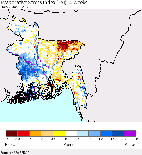 Bangladesh Evaporative Stress Index (ESI), 4-Weeks Thematic Map For 12/27/2021 - 1/2/2022