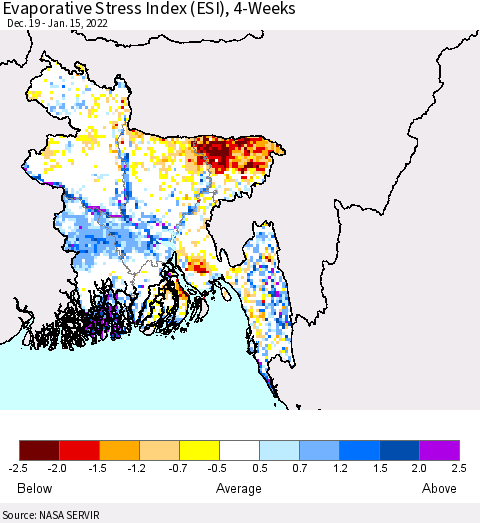 Bangladesh Evaporative Stress Index (ESI), 4-Weeks Thematic Map For 1/10/2022 - 1/16/2022