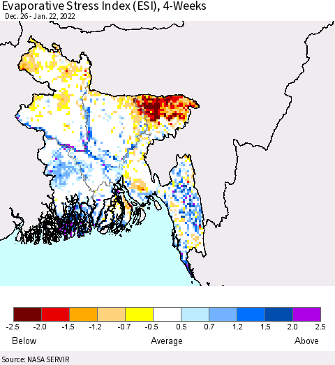 Bangladesh Evaporative Stress Index (ESI), 4-Weeks Thematic Map For 1/17/2022 - 1/23/2022