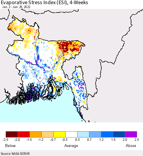 Bangladesh Evaporative Stress Index (ESI), 4-Weeks Thematic Map For 1/24/2022 - 1/30/2022