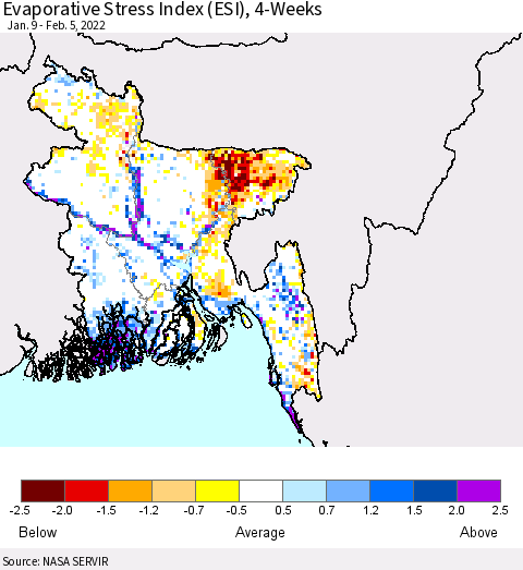 Bangladesh Evaporative Stress Index (ESI), 4-Weeks Thematic Map For 1/31/2022 - 2/6/2022