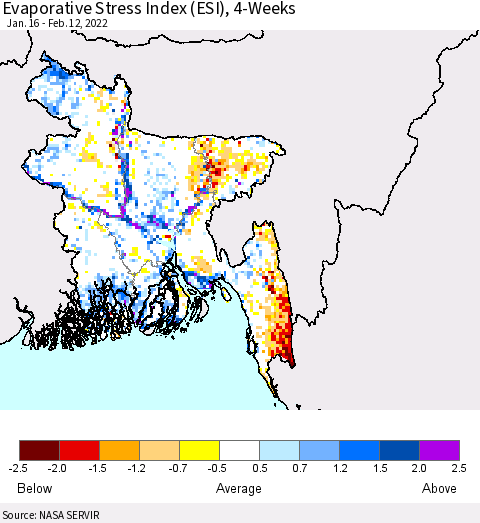 Bangladesh Evaporative Stress Index (ESI), 4-Weeks Thematic Map For 2/7/2022 - 2/13/2022