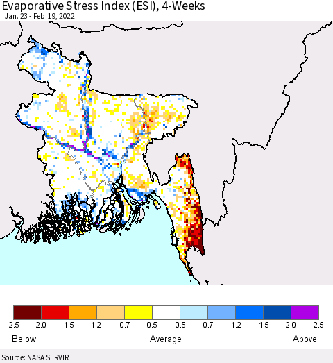 Bangladesh Evaporative Stress Index (ESI), 4-Weeks Thematic Map For 2/14/2022 - 2/20/2022