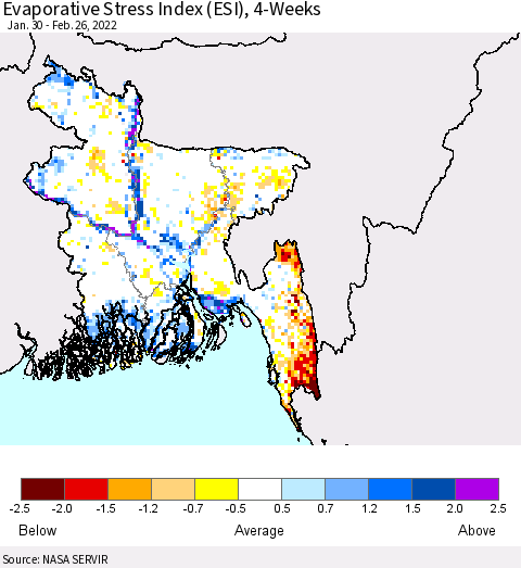 Bangladesh Evaporative Stress Index (ESI), 4-Weeks Thematic Map For 2/21/2022 - 2/27/2022