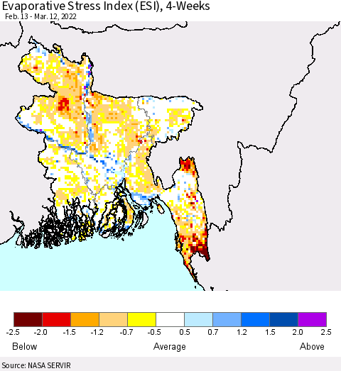 Bangladesh Evaporative Stress Index (ESI), 4-Weeks Thematic Map For 3/7/2022 - 3/13/2022