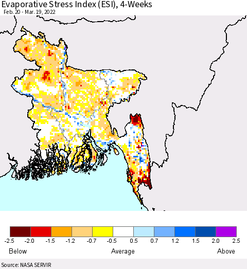 Bangladesh Evaporative Stress Index (ESI), 4-Weeks Thematic Map For 3/14/2022 - 3/20/2022