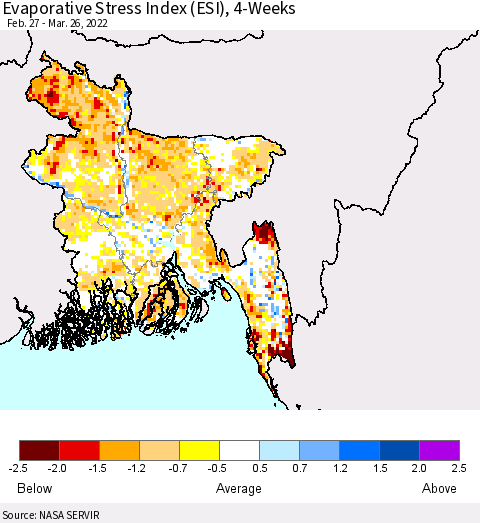 Bangladesh Evaporative Stress Index (ESI), 4-Weeks Thematic Map For 3/21/2022 - 3/27/2022