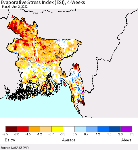 Bangladesh Evaporative Stress Index (ESI), 4-Weeks Thematic Map For 3/28/2022 - 4/3/2022