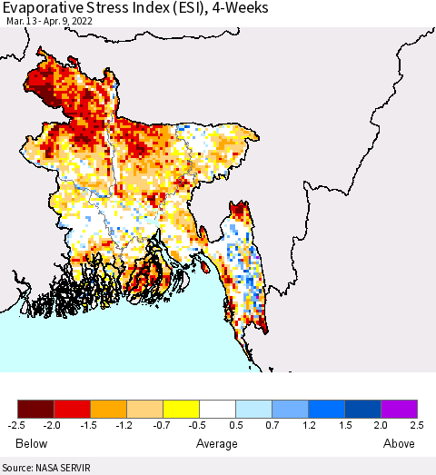 Bangladesh Evaporative Stress Index (ESI), 4-Weeks Thematic Map For 4/4/2022 - 4/10/2022