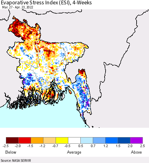 Bangladesh Evaporative Stress Index (ESI), 4-Weeks Thematic Map For 4/18/2022 - 4/24/2022