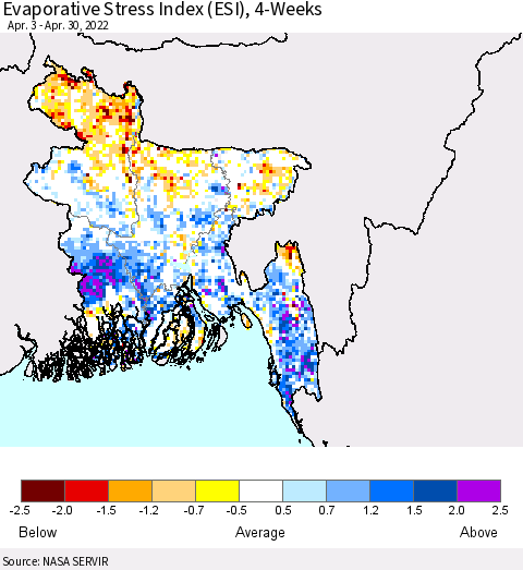 Bangladesh Evaporative Stress Index (ESI), 4-Weeks Thematic Map For 4/25/2022 - 5/1/2022