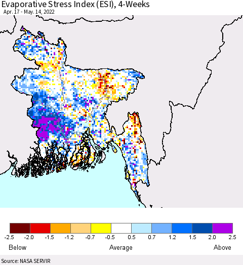 Bangladesh Evaporative Stress Index (ESI), 4-Weeks Thematic Map For 5/9/2022 - 5/15/2022