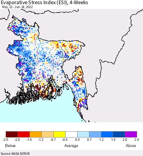 Bangladesh Evaporative Stress Index (ESI), 4-Weeks Thematic Map For 6/13/2022 - 6/19/2022