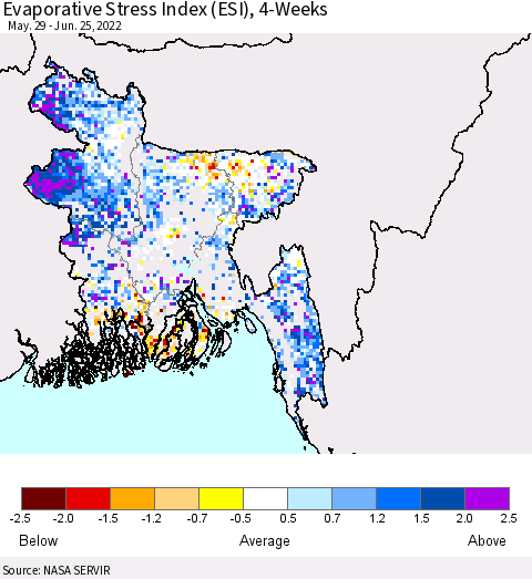 Bangladesh Evaporative Stress Index (ESI), 4-Weeks Thematic Map For 6/20/2022 - 6/26/2022