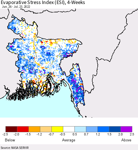 Bangladesh Evaporative Stress Index (ESI), 4-Weeks Thematic Map For 7/18/2022 - 7/24/2022