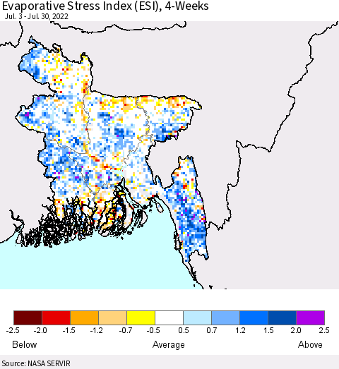 Bangladesh Evaporative Stress Index (ESI), 4-Weeks Thematic Map For 7/25/2022 - 7/31/2022