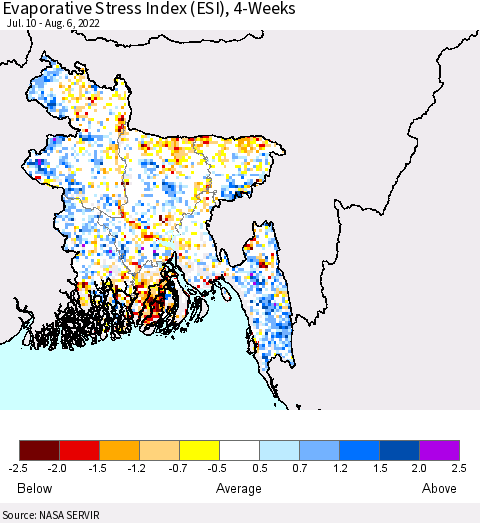 Bangladesh Evaporative Stress Index (ESI), 4-Weeks Thematic Map For 8/1/2022 - 8/7/2022