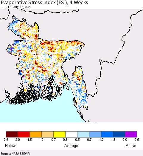 Bangladesh Evaporative Stress Index (ESI), 4-Weeks Thematic Map For 8/8/2022 - 8/14/2022