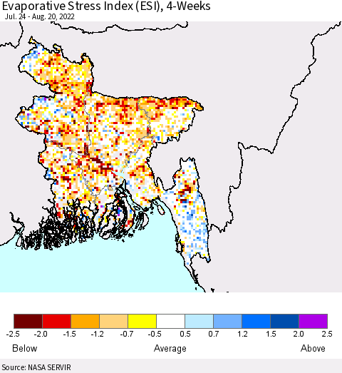Bangladesh Evaporative Stress Index (ESI), 4-Weeks Thematic Map For 8/15/2022 - 8/21/2022